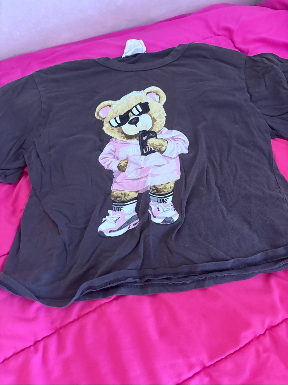 Kids Graphic Bear Tee - Pink Accent on Brown Shirt